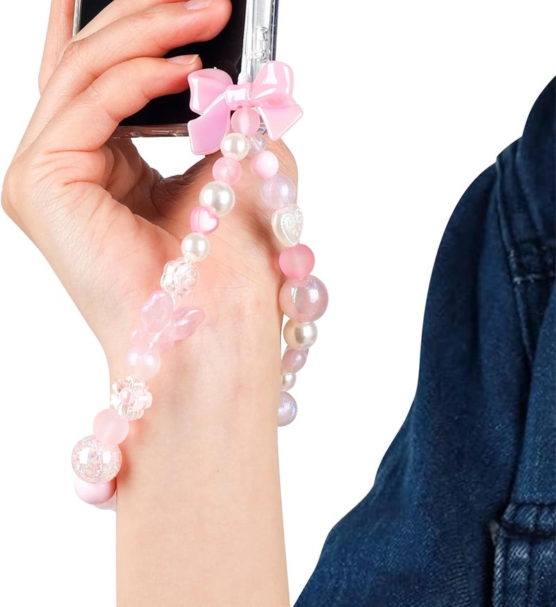 LUVI Beaded Phone Charm Lanyard Wrist Strap Love Heart Bow Beads Butterfly Chain Flower String Pearl Bling Bracelet Keychain Cute Fashion for Women - Image 2